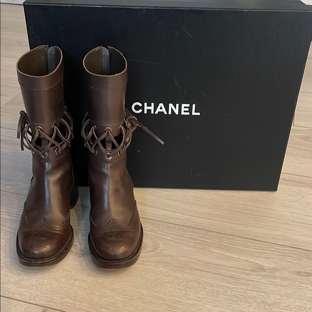 CHANEL Dark Brown Leather Boots with Lace Detail